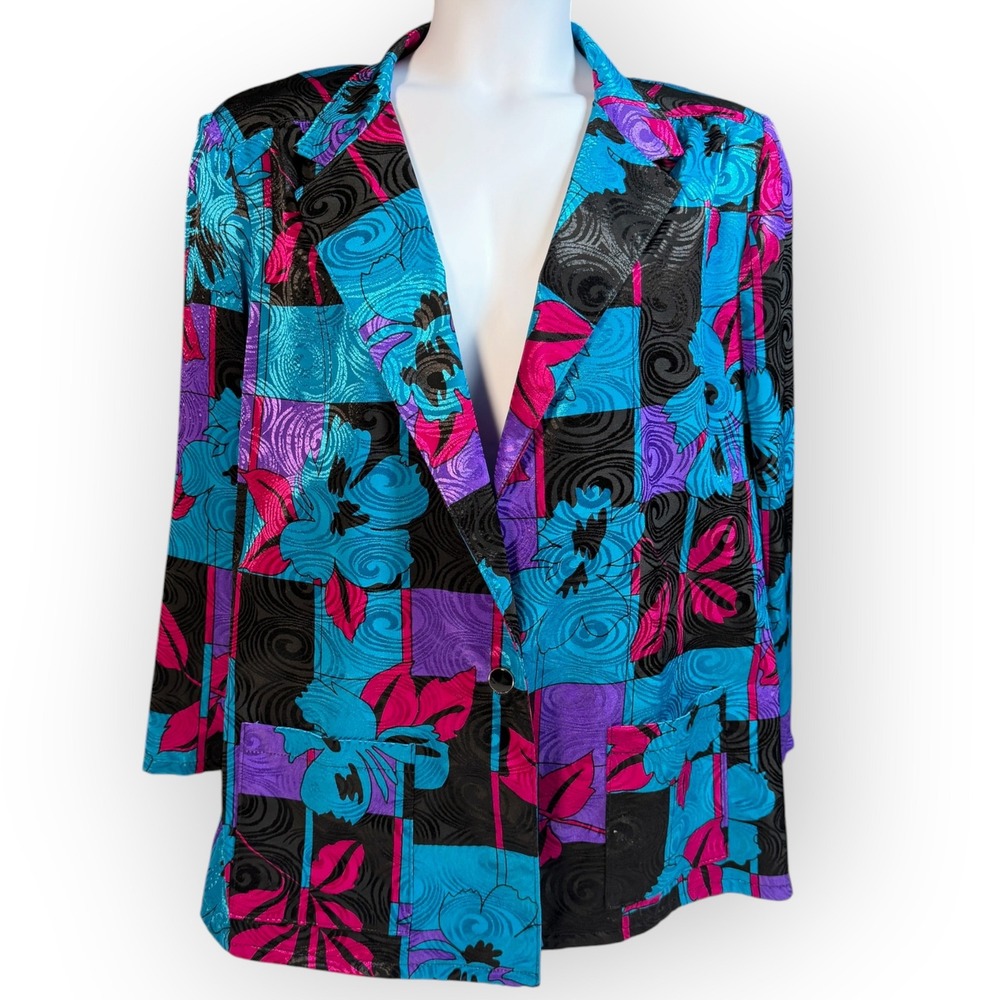 Vtg Tan Jay Silky Bright 80s Floral Geometric Blazer Plus 24W USA Dopamine Teal - Picture 2 of 13